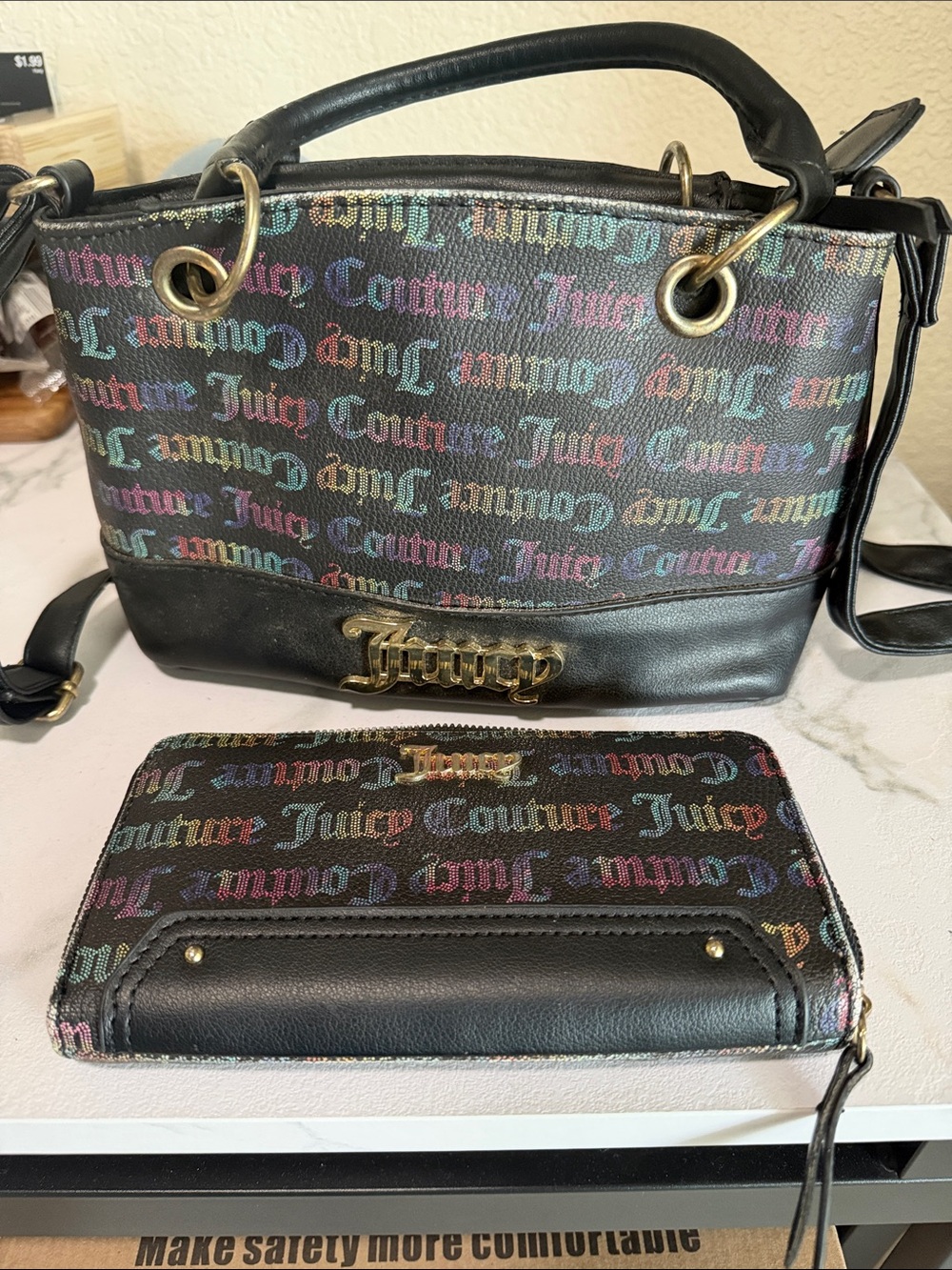 Juicy Couture Black Multicolor Logo Shoulder Bag with Matching Wallet